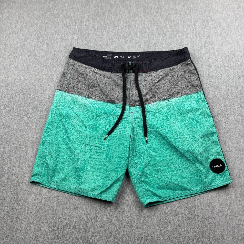 RVCA Board Shorts Men 33 Green Swimming Trunks 8" Drawstring Surf Beach Outdoor